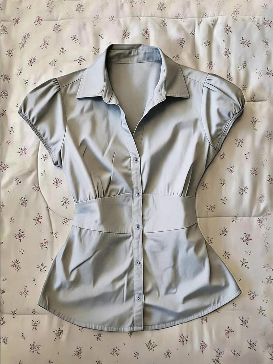 IslaSuriya 女款素色百褶休閒百搭日常穿著襯衫 - 灰色 - 查看 1
