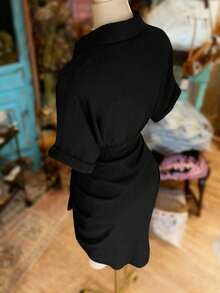 INAWLY Collared Single-Breasted Tie-Waist Short Sleeve Shirt Dress - Black - View 2