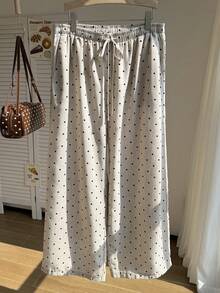Comfortcana Plus Size Women's Polka Dot Pattern Waist Tie Casual Long Pants - Apricot - View 5