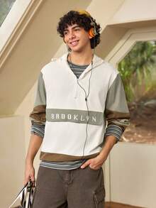 Whitmere Men's Hooded Color Block Half-Zip Jacket With Letter Embroidery, Casual Streetwear Sports Coat - Olive Green - View 1