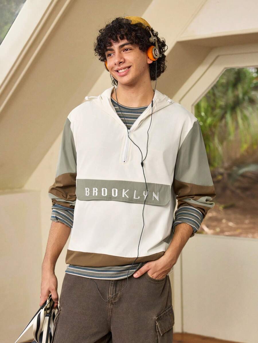 Whitmere Men's Hooded Color Block Half-Zip Jacket With Letter Embroidery, Casual Streetwear Sports Coat - Olive Green - View 1