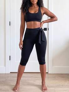 SHEIN Core Rhythm Plus Size Women's One-Piece Solid Color Sports Leggings With Drawstring Waistband & Long Pants - Black - View 1