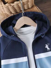 SHEIN Casuvi Kids 1件男童休閒極簡街頭連帽長袖外套，時尚休閒設計，適合夏季穿著，適合4-7歲男孩日常穿著，適用於運動、外出、學校及返校季 - 黑色 - 查看 4
