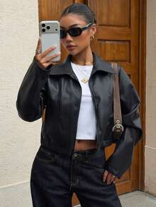 Livesso Women's Solid Color PU Leather Zipper Front Casual Regular Fit Jacket Fall - Black - View 1
