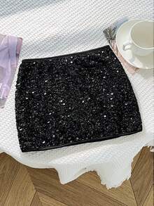 Kids Tween Girls Black Sequin Bead Skirt For Holiday Party Stage Concert - Black - View 3