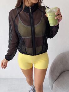 Dewbera Dewbera 女式運動高領外套,網眼透視性感上衣,設有口袋,長袖運動夾克,適用於跑步、健身、戶外活動 - 黑色 - 查看 2