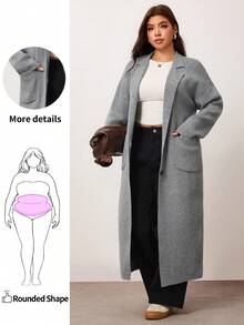 Enliva Plus Size Women Solid Color Lapel NeckLong Sleeve Long Loose Knit Cardigan Winter - Grey - View 1