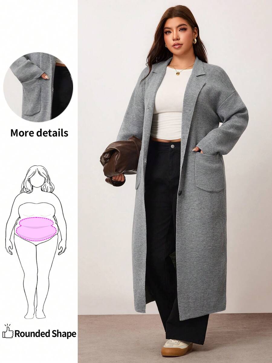 Enliva Plus Size Women Solid Color Lapel NeckLong Sleeve Long Loose Knit Cardigan Winter - Grey - View 1