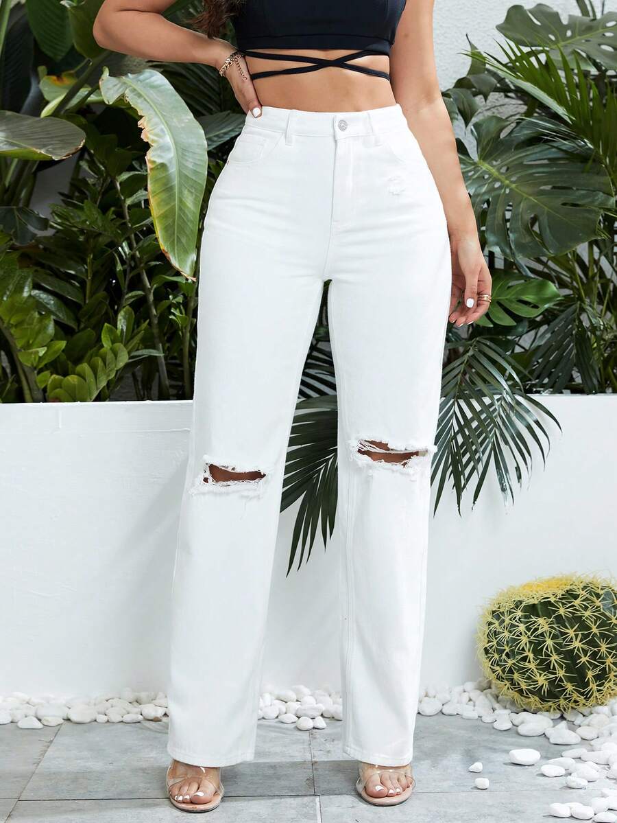 SHEIN ICON 高腰破洞直筒牛仔褲 - 白色 - 查看 1