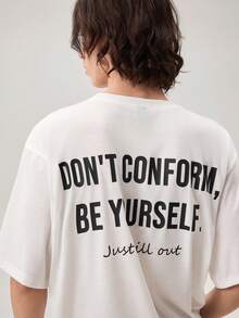 Streetwear Creative Hip Hop "Be Yourself" Print Oversized Dropped Shoulder White T-Shirt - White - View 9