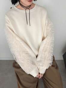 FRIFUL Women's Early Autumn New Korean Style Patchwork Sheer Mesh Ruffle Pleated Sweatshirt - Beige - View 5