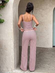 Aloruh 女款休閒居家條紋細肩帶背心與長褲套裝 - 彩色 - 查看 2