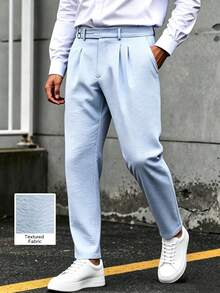 Manfinity Mode Men's Straight Leg Trousers,Light Blue Summer Casual Business Wedding Pants,Metal Buckle Textured Pleated Trousers,Loose Fit Commuter Formal Pants - Baby Blue - View 5