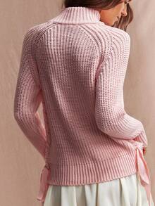 Willow Rêve Women's Baby Pink Rib-Knit Long Sweater Top With Turtleneck, Long Sleeves And Ribbon Side Ties, Cute Autumn Everyday Date Night Style,Cute Tops - Baby Pink - View 2