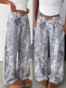 Tween Girl Knit Light Gray Loose Casual Versatile Drawstring Pocket Wide Leg Sweatpants - Multicolor - View 1