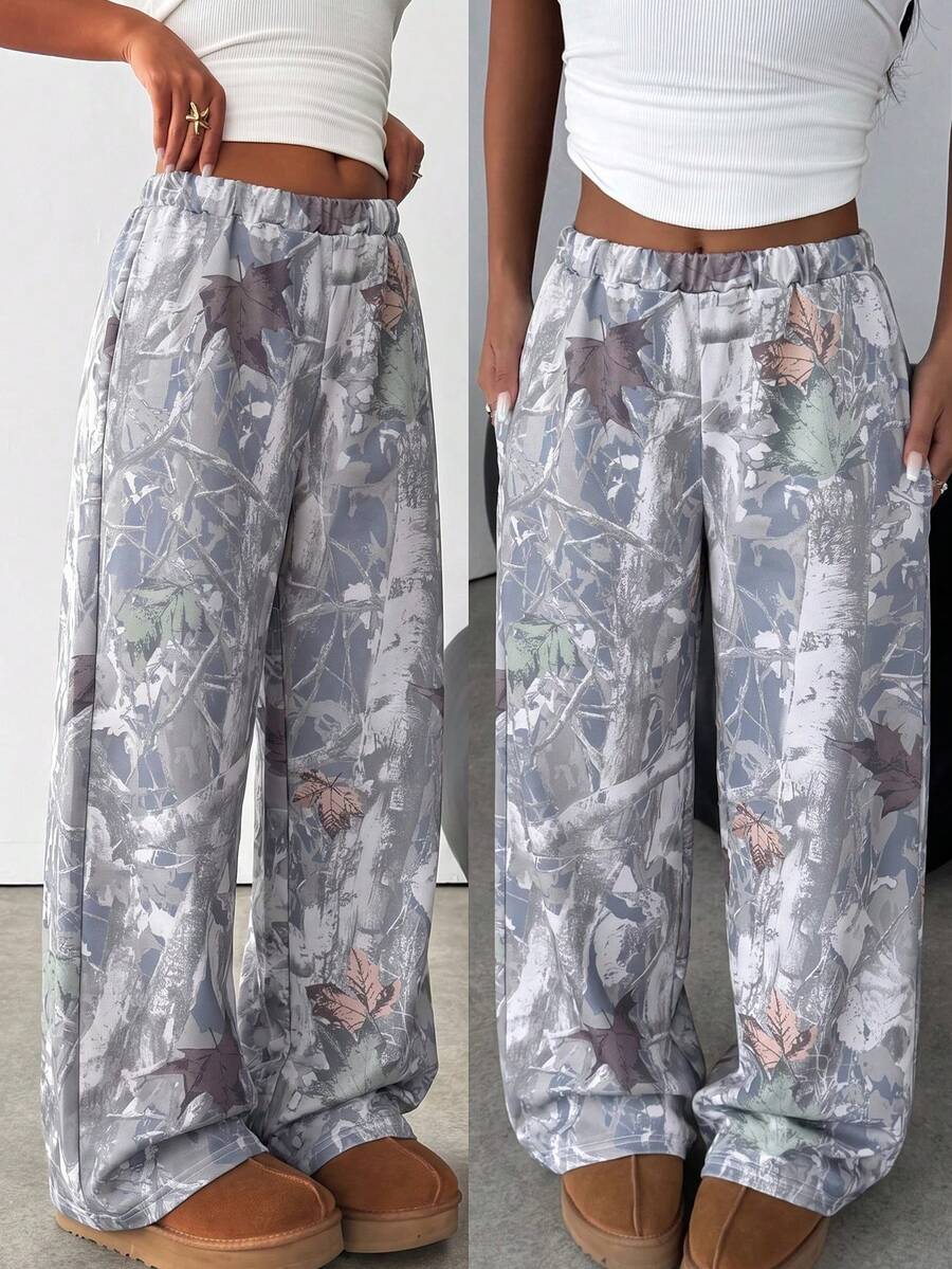 Tween Girl Knit Light Gray Loose Casual Versatile Drawstring Pocket Wide Leg Sweatpants - Multicolor - View 1