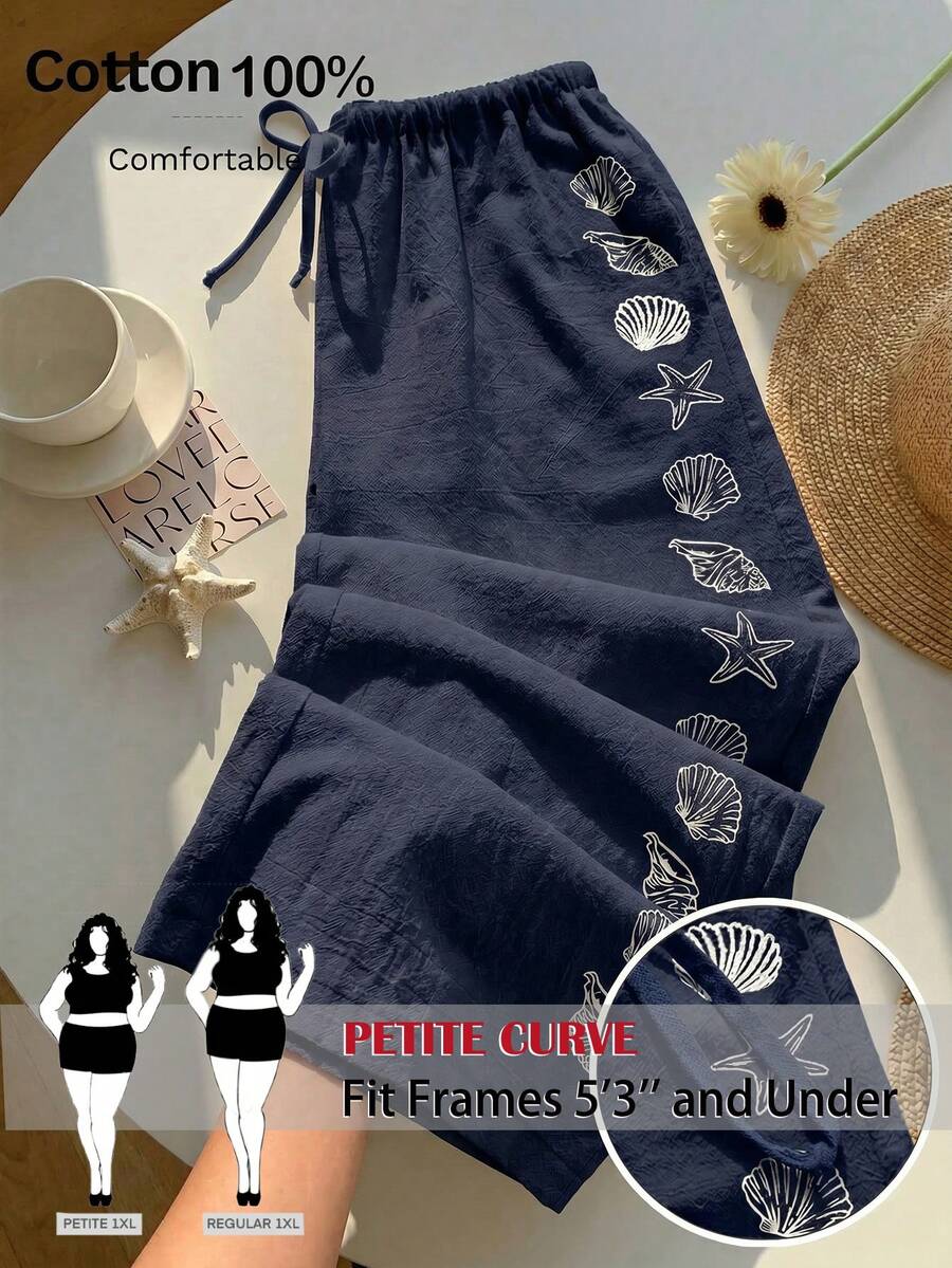 SHEIN PETITE CURVE 大尺碼女款抽繩腰貝殼印花休閒百搭日常旅行長褲 - 藏蓝色 - 查看 1
