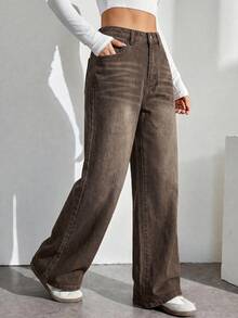 SHEIN Tall Women's Casual Versatile Daily Travel Denim Jeans With Pockets And Buttons - Brown - View 4