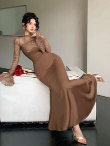 Dazy Tall Women's Elegant Satin Lace Patchwork Round Neck Long Sleeve Flare Sleeve Dress Fall Wedding Guest Dress Women - Brown - View 7