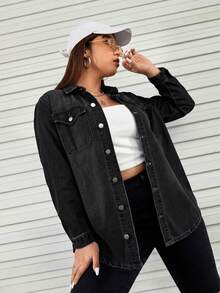 SHEIN EZwear 大尺碼女款單排扣休閒日常牛仔上衣 - 黑色 - 查看 5