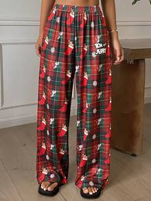 TOM AND JERRY X DAZY Autumn/Winter Christmas Theme Plaid Cartoon Pattern Loose Women's Pajama Pants - Red - View 6