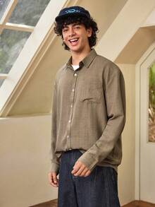 Whitmere Men's Solid Color Long Sleeve Single Pocket Loose Casual Plus Size Shirt, Suitable For Autumn - Army Green - View 6