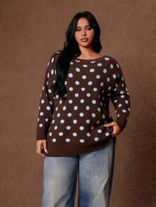 Rustia Plus Size Women's Polka Dot Asymmetric Shoulder Casual Daily Long Sleeve Sweater Fall - Multicolor - View 3