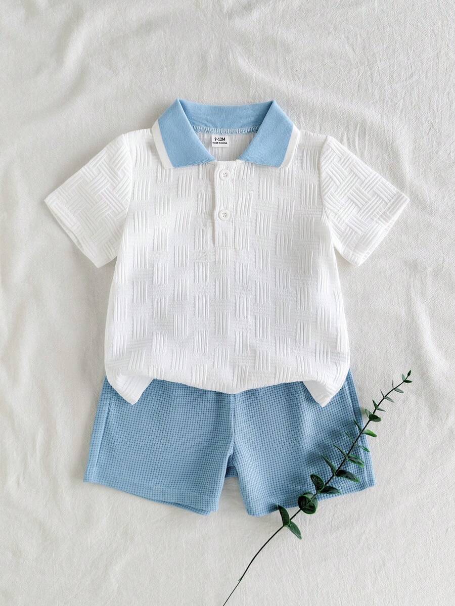 SHEIN Vintaside Kids 男嬰夏季翻領短袖簡約休閒上衣搭配百搭時尚白色短褲套裝,適合外出、日常休閒穿著、公園散步、旅行與度假 - 淺藍色 - 查看 1
