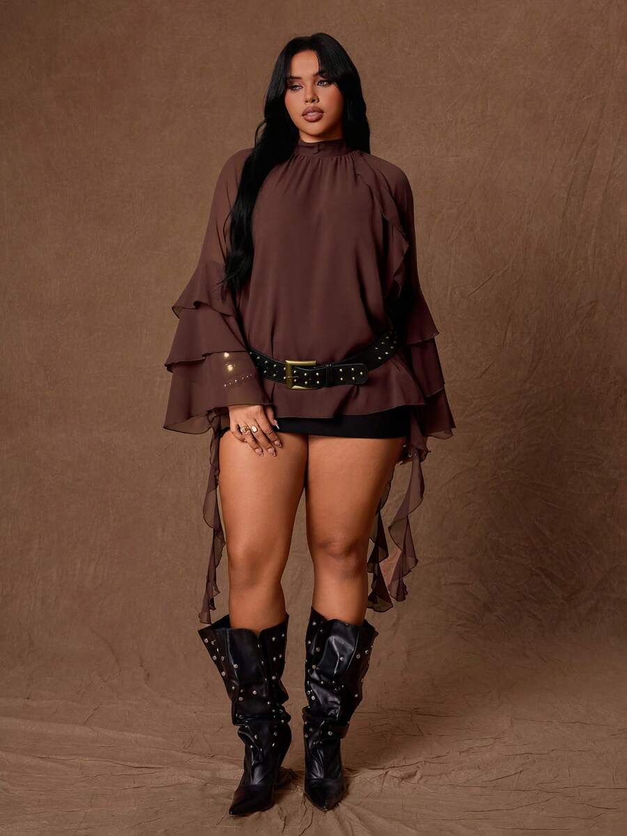 Rustia Plus Size Women's Solid Color Stand Collar Flared Sleeve Fashion Blouse Fall - Brown - View 1