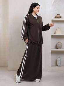 Veilorie Women's Striped Color-Block Zipper Hoodie And Long Skirt Arabic Outfit Set - Brown - View 4