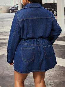 Slaydiva Women's Plus Size Fashion Single-Breasted Asymmetrical Long Sleeve Mini Dress, Autumn - Dark Wash - View 2