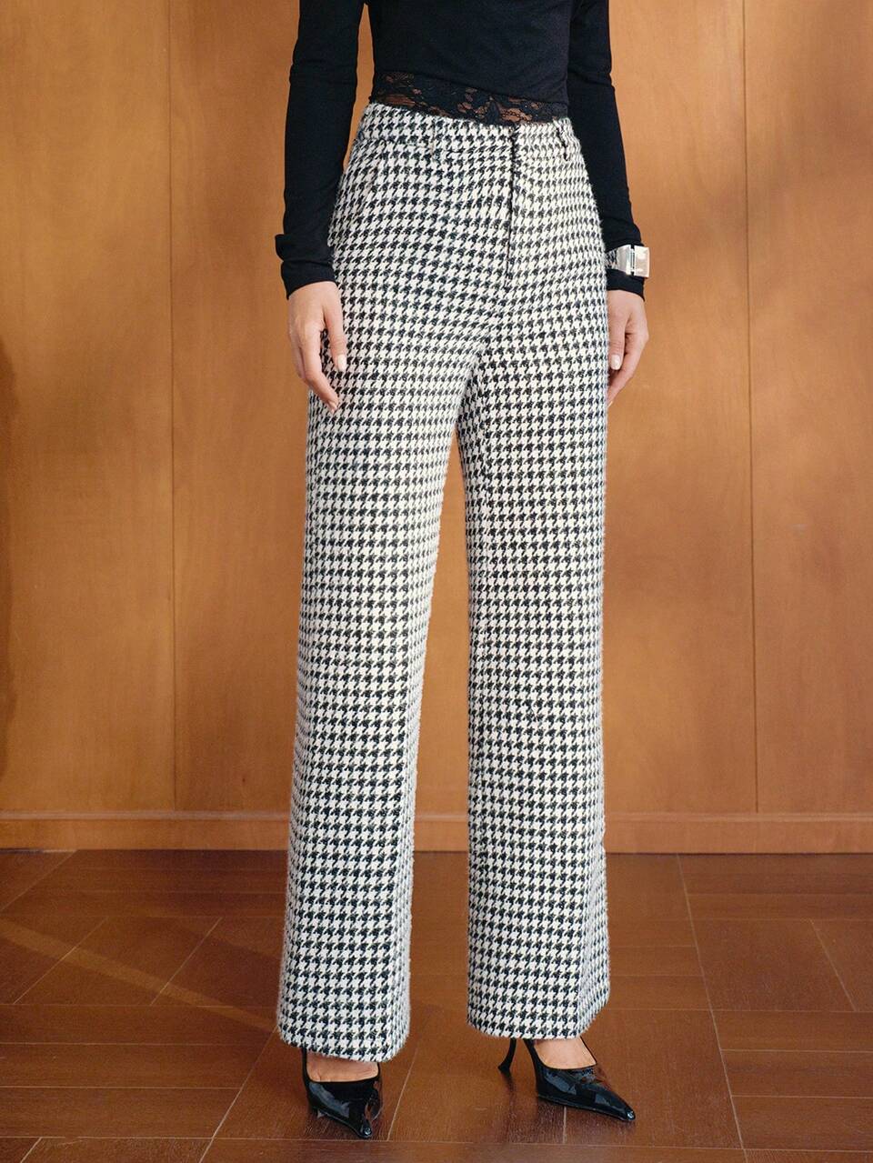 MOTF WOMEN'S BLACK & WHITE HOUNDSTOOTH ELEGANT COMMUTER AUTUMN/WINTER SUIT PANTS