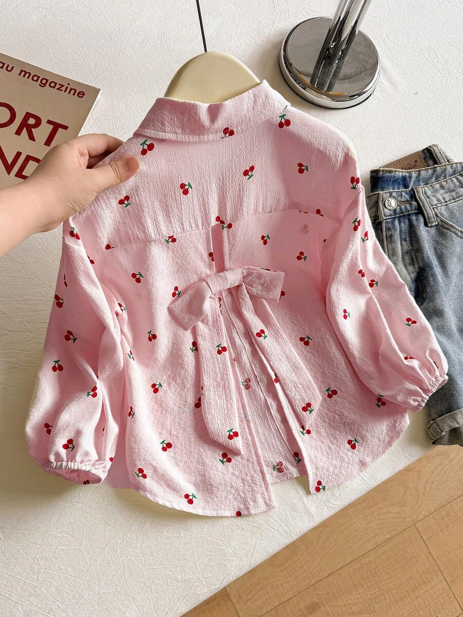 SHEIN Vintaside Kids 女童寬鬆櫻桃印花襯衫,背後蝴蝶結裝飾 - 粉色 - 查看 1