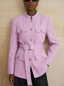 Aveloria Modichic Small Stand Collar Tweed Single-Breasted Metal Button Decor Belted Utility Style Jacket - Pink - View 5