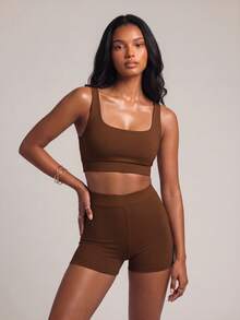 YARNWELL Women's Solid Color Cropped Swim Top, Suitable For Summer Vacation And Beach - Brown - View 10