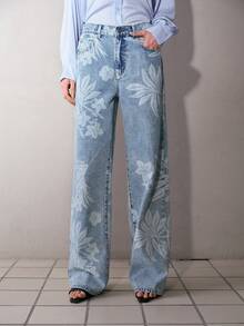 MOTF PREMIUM WOMEN'S CASUAL FLORAL PRINT STRAIGHT LEG JEANS - Blue - View 4