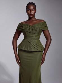 Elitara Plus Size Elegant Luxurious Glamorous Off-Shoulder Elastic Knit Mesh Ruched Fishtail Dress For Wedding Event Evening Party - Green - View 5