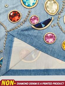 Resyla Summer Casual Denim Effect Rhinestone Print T-Shirt - Multicolor - View 5
