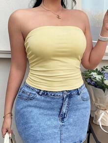 GalTyme Top bandeau de color amarillo pálido con volantes para mujer de talla grande - amarillo ganso - Ver 4