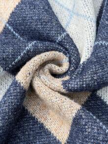 Easura Sweater Lengan Panjang Kerah Bulat Motif Argyle Vintage Ukuran Besar, Gaya Preppy - MultiWarna - View 7