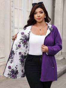 SHEIN Clasi 大尺碼女款花卉印花連帽休閒日常長袖外套 - 紫色 - 查看 6