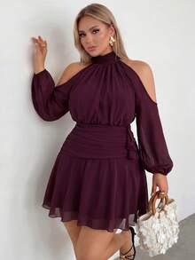 Auralis Plus Size Women's Solid Color Open Shoulder Long Sleeve Fashion Dress Wedding Vacation Wedding Guest Outfits Beach Burgundy Autumn Elegant Formal Fall - Burgundy - View 7
