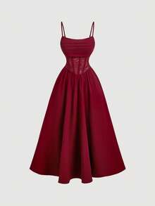 Skyraze Ruffled Lace Waistband Vintage Elegant Spaghetti Strap Burgundy Midi Dress Date Night Summer,Women Festival Outfits ,Party,Dresses For Holiday - Burgundy - View 6