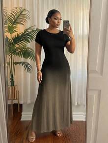SHEIN Lady CURVE 大尺碼女款漸層色圓領短袖休閒洋裝 - 彩色 - 查看 6