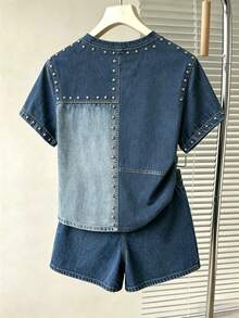 SHEIN 青少年女孩休閒復古時尚個性化短袖T恤與短褲2件套，適合日常、街頭、校園、外出穿著 - 彩色 - 查看 2