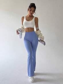SHEIN Legging Flare Tanpa Jahitan untuk Wanita, Cocok untuk Olahraga dan Pakaian Kasual - Biru Langit - View 8