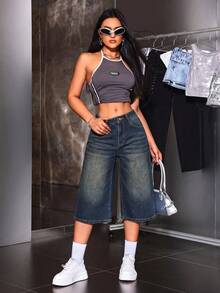 SHEIN ICON 女款口袋寬腿寬鬆休閒九分牛仔褲 - 藍色 - 查看 4