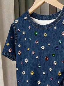 Baby Girl Colorful Rhinestone Decor Short Sleeve T-Shirt And Shorts Casual Daily Outfit - Multicolor - View 3