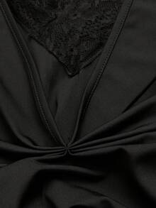 GlowEve Women's Solid Color Contrast Lace V-Neck Long Sleeve Elegant Dress - Black - View 6
