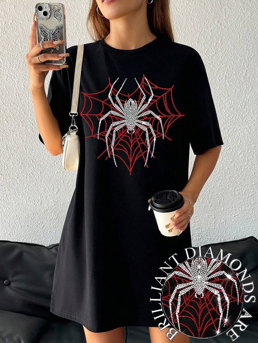 SHEIN EZwear 女款休閒寬鬆圓領短袖短洋裝,適合夏季 - 黑色 - 查看 1